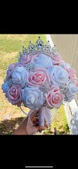 Artificial Pink & White Rose Wedding Bouquet with Tiara & Rhinestones