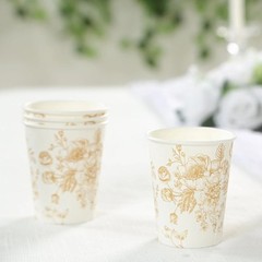 24 WHITE GOLD 9 oz Disposable PAPER CUPS French Toile Pattern Party Supplies