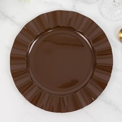 10 BROWN 11″ Round PLASTIC Salad Dinner PLATES Gold Wavy Rim Wedding Party