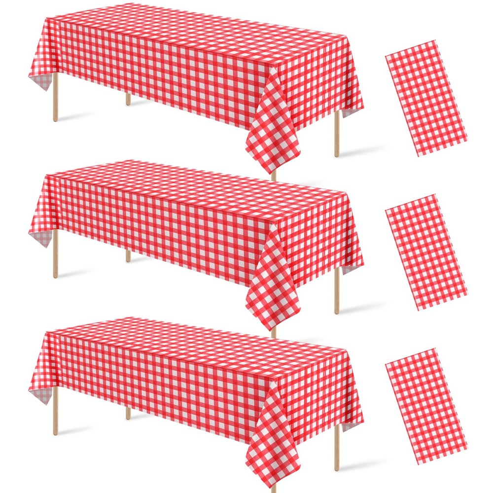 3pcs Red And White Checkered Tablecloth Decorations, Disposable Plastic Red