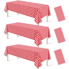 3pcs Red And White Checkered Tablecloth Decorations, Disposable Plastic Red
