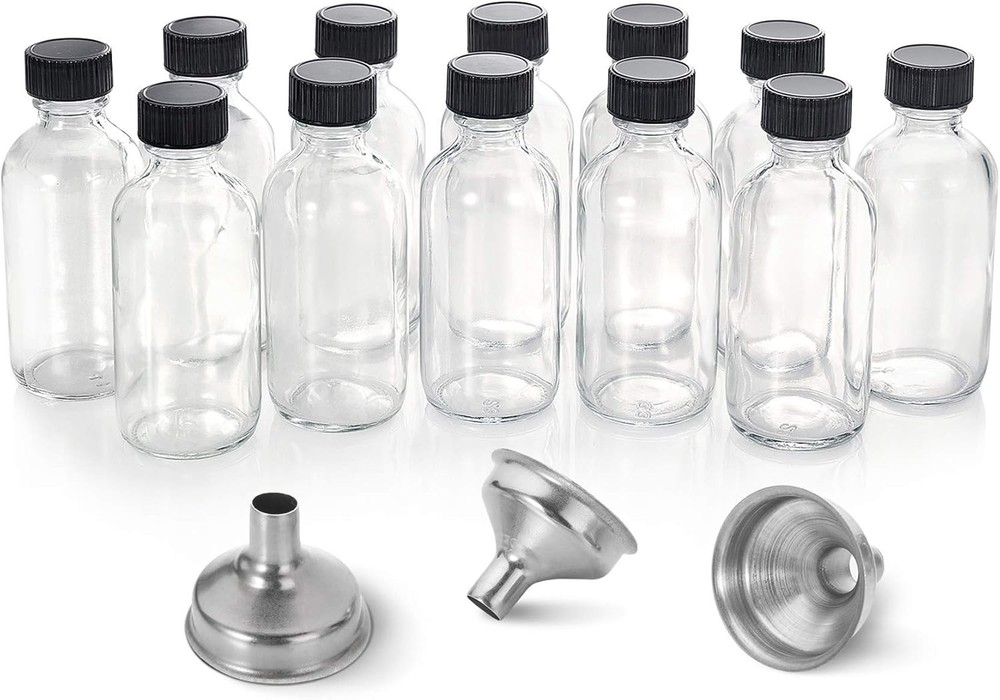 12 Pack, 2 oz Small Clear Glass Bottles w/Lid & 3 Funnels – 60ml Boston