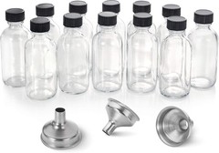12 Pack, 2 oz Small Clear Glass Bottles w/Lid & 3 Funnels – 60ml Boston
