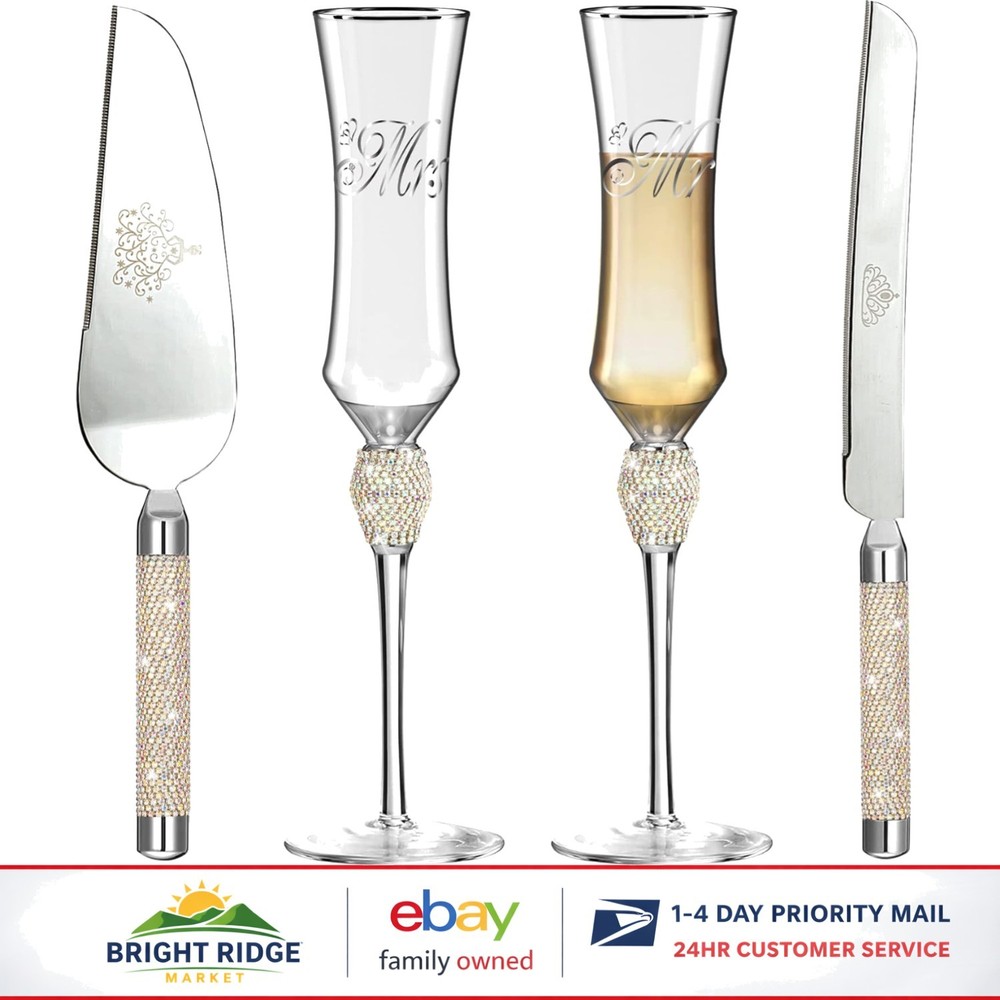 Wedding Cake Knife and Server Set with Rhinestone Champagne Flutes Gift Set