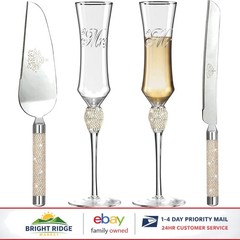 Wedding Cake Knife and Server Set with Rhinestone Champagne Flutes Gift Set