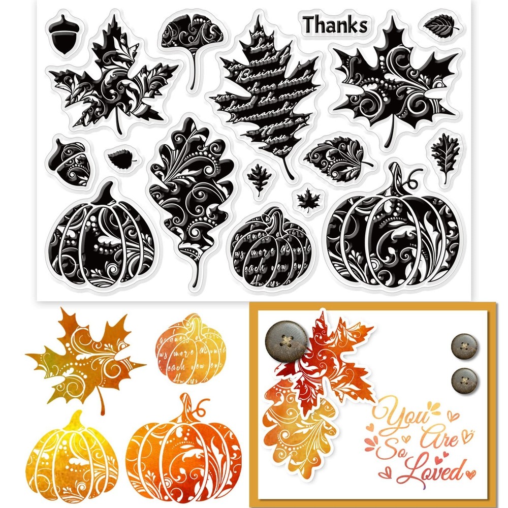 GLOBLELAND Autumn Leaves Clear Stamps for DIY Scrapbooking Fall Pumpkin Silic…