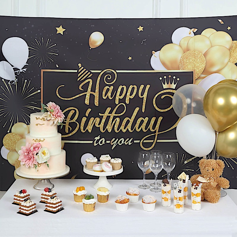 6×3 ft BLACK GOLD Printed Polyester Photo Backdrop Happy Birthday BANNER Party