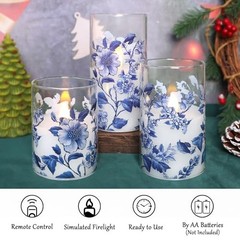Flameless Candles Glass with Remote Control & Timer Blue and White Porcelain