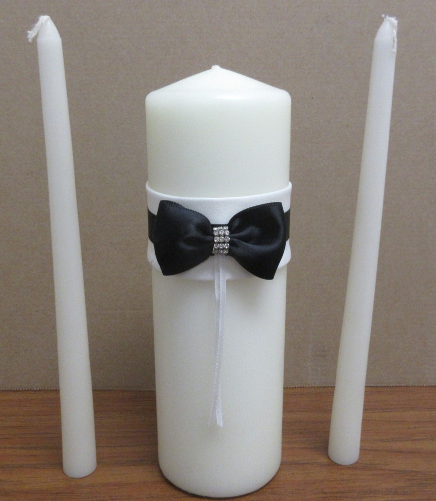 White Simple Elegance Black Bow Wedding Unity Candle and Taper Set