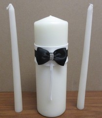 White Simple Elegance Black Bow Wedding Unity Candle and Taper Set