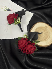 Red Rose Corsage and Black Calla Lily Boutonniere Set for Weddings and Prom