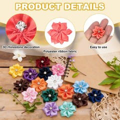 100 Pcs Ribbon Flowers, 1.2 in Fabric Flowers with Rhinestones, Watermelon Red