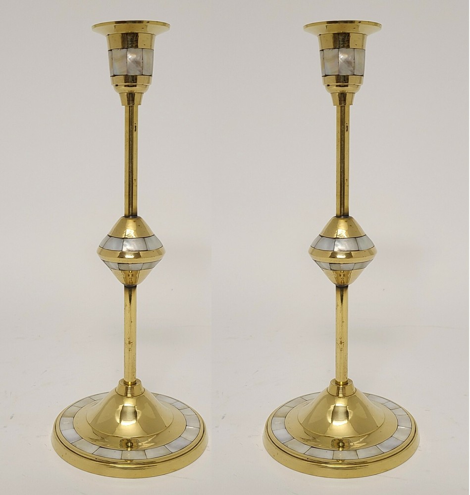 Candle Holder Brass Mother of Pearl Inlay Round 4″Dia 10″High Set of 2