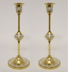 Candle Holder Brass Mother of Pearl Inlay Round 4″Dia 10″High Set of 2