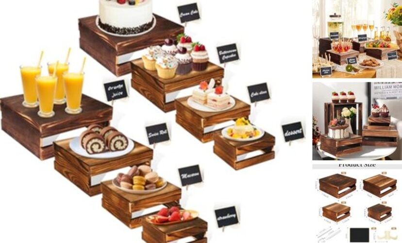 8 Pcs Buffet Risers with Mini Signs 8 Pcs (8.0″, 7.0″, 6.5″, 5.5″) Rustic Wood