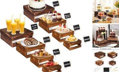 8 Pcs Buffet Risers with Mini Signs 8 Pcs (8.0″, 7.0″, 6.5″, 5.5″) Rustic Wood