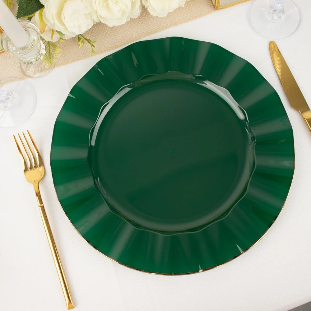 10 HUNTER GREEN 11″ Round PLASTIC Salad Dinner PLATES Gold Wavy Rim Wedding