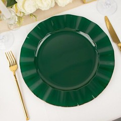 10 HUNTER GREEN 11″ Round PLASTIC Salad Dinner PLATES Gold Wavy Rim Wedding