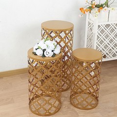 3 Gold Metal Cylinder Plinth Pedestal Stands Wedding Party Decorations