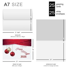 2025 Happy New Year – A7 Holiday Greetings Cards & Envelopes – Set of 25