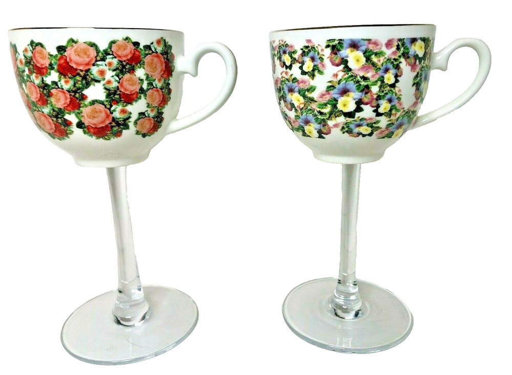 Floral Bone China Teacup Wine Glass Gold Trim Roses Petunia PAIR Wedding Shabby