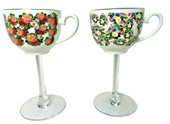 Floral Bone China Teacup Wine Glass Gold Trim Roses Petunia PAIR Wedding Shabby