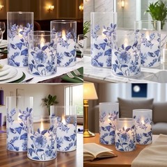 Flameless Candles Glass with Remote Control & Timer Blue and White Porcelain