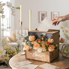 Wooden Wedding Card Box with Flower Trough, Brown Gift Card Box for Wedding w…