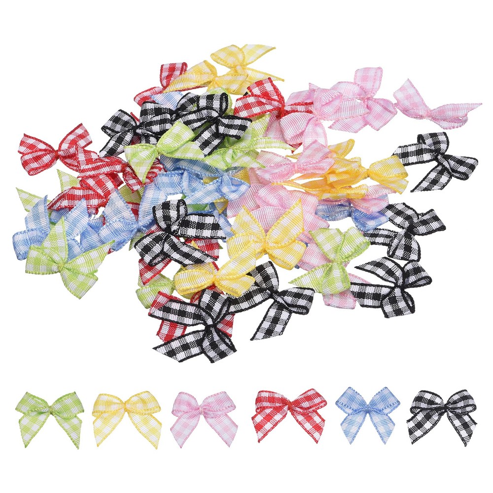 60Pcs Mini Gingham Ribbon Bow 1″ Checkered Ribbon Bows Multicolor