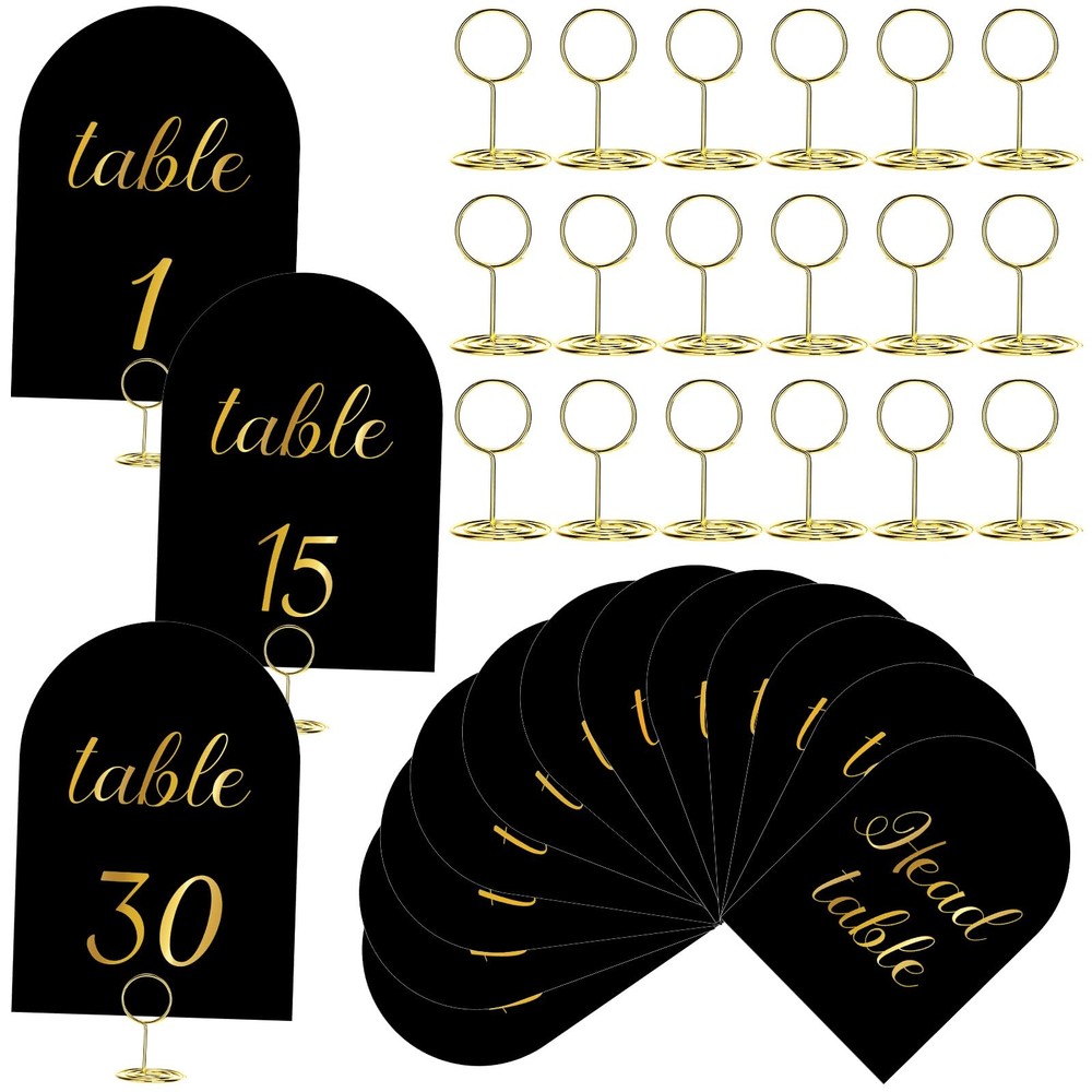 Table Numbers 1 30 Head Card Holders 5×7 Inch Arched Wedding Sign Black Gold