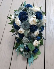 Navy Gray Sola Wood Flower Bridal Cascade Bouquet Wedding Artificial Bridesmaid