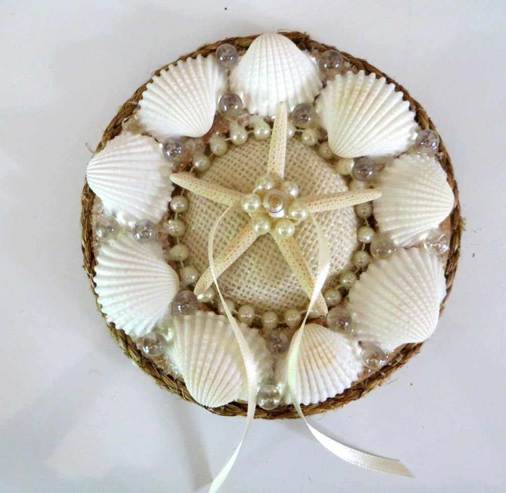 Beach wedding ring bearer pillow_Star fish + seashells_6 1/2 inch round