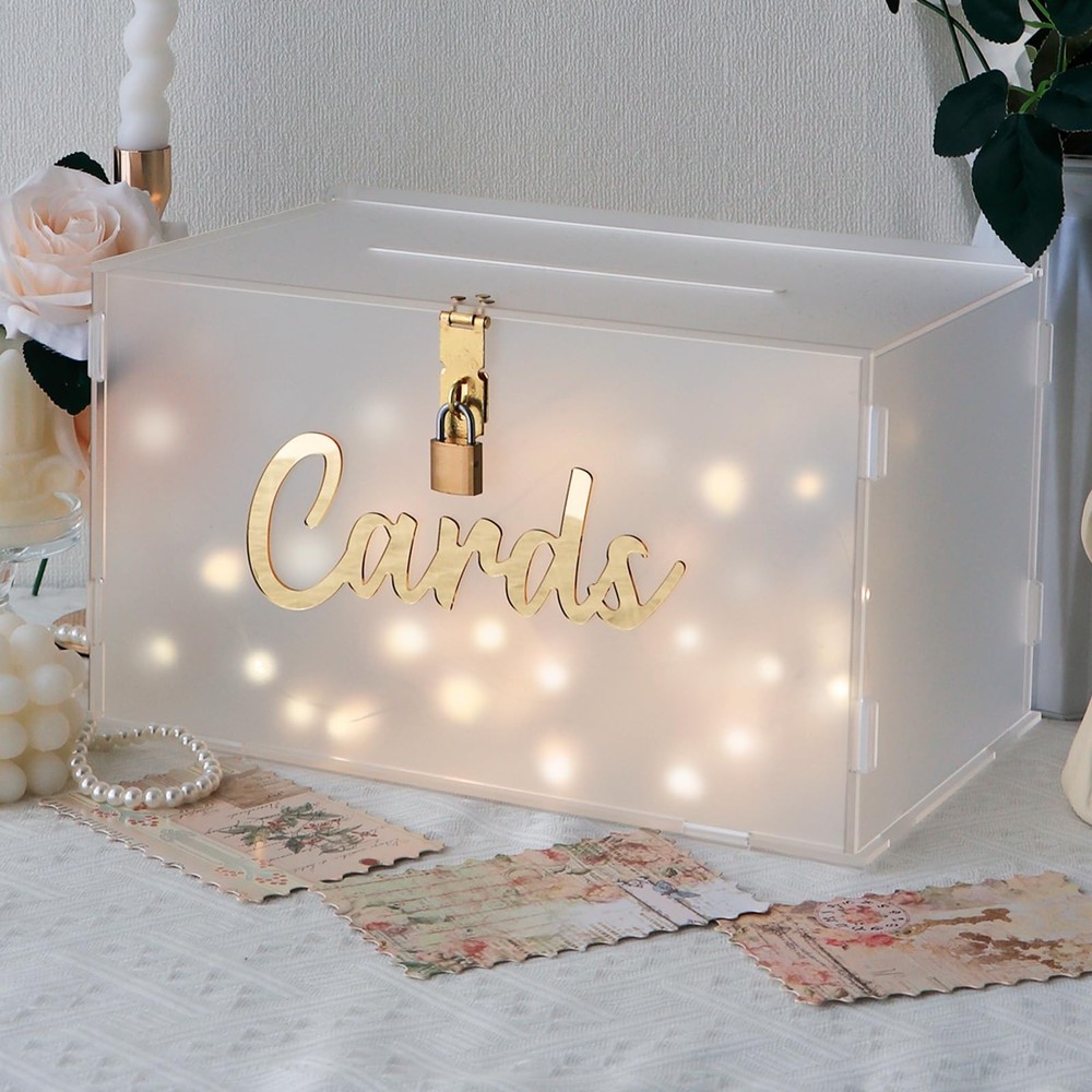 Frosted Acrylic Wedding Card Box Lock Large Gift Reception Slot String Light