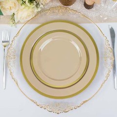 TAUPE10 Round 7″ Plastic SALAD PLATES Gold Rim Party Events Tableware