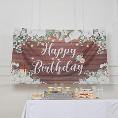 Brown White 6×3 feet Happy Birthday Wood Floral Printed Party BACKDROP Party