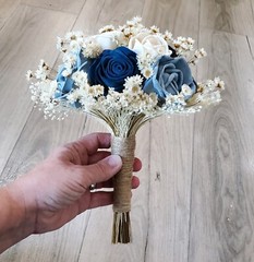 Dusty Blue Ivory Bridal Bouquet Sola Wood Rose Navy Bridesmaid Wedding Nosegay