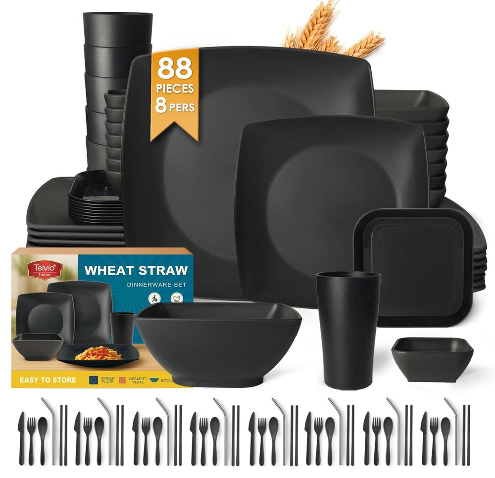 Teivio 88-piece With Flatware Plastic Kitchen Wheat Straw Square Dinnerware Set