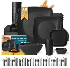 Teivio 88-piece With Flatware Plastic Kitchen Wheat Straw Square Dinnerware Set