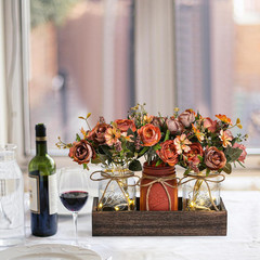 3 Pc Mason Jar Centerpiece Set w/ Wood Tray LED Light Farmhouse Table Decor Oran