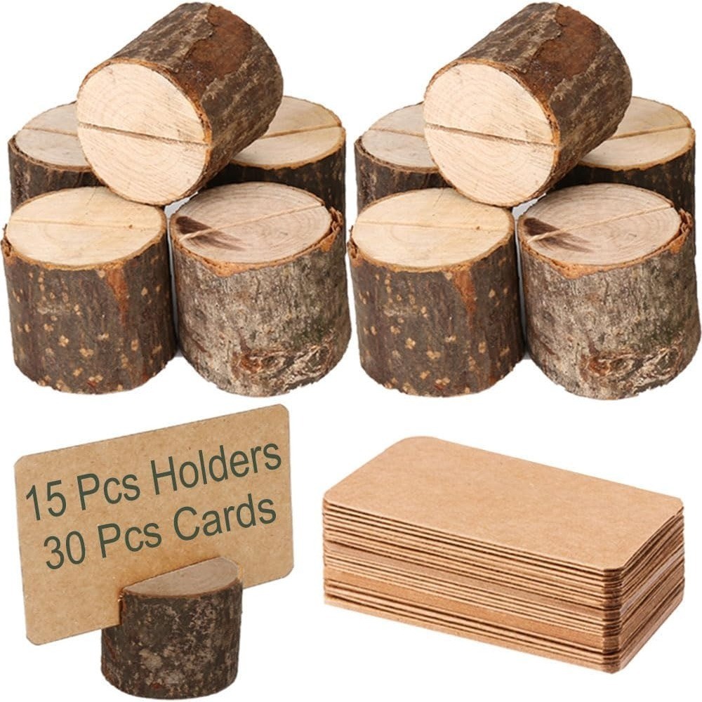 Wooden Table Holders 15Pcs with 30Pcs Kraft Place Cards Rustic Photo Card