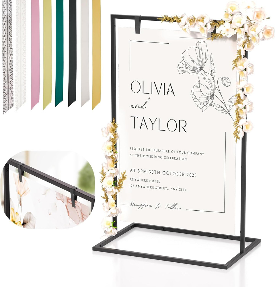 Elegant Wedding Welcome Sign Stand with Satin Ribbons – Heavy Duty Easel (Black)