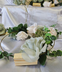 6 Pc Wedding Table Centerpieces, Green, Ivory, Round, Circle, Gold, Wood