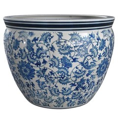 Red Lantern 14″ Floral Blue & White Porcelain Fishbowl Planter or Cachepot fo…