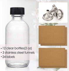 12 Pack, 2 oz Small Clear Glass Bottles w/Lid & 3 Funnels – 60ml Boston