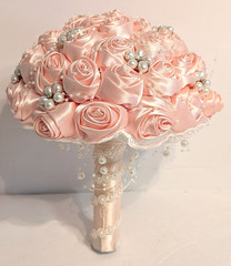 Aftificial Rose Ribbon Flowers Stunning Pearls Beaded Bridal Bouquet