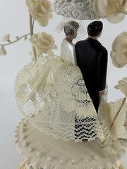 Vintage Art Deco Bride Groom Wedding Topper Bell Clapper Lace Ceramic Stand Silk