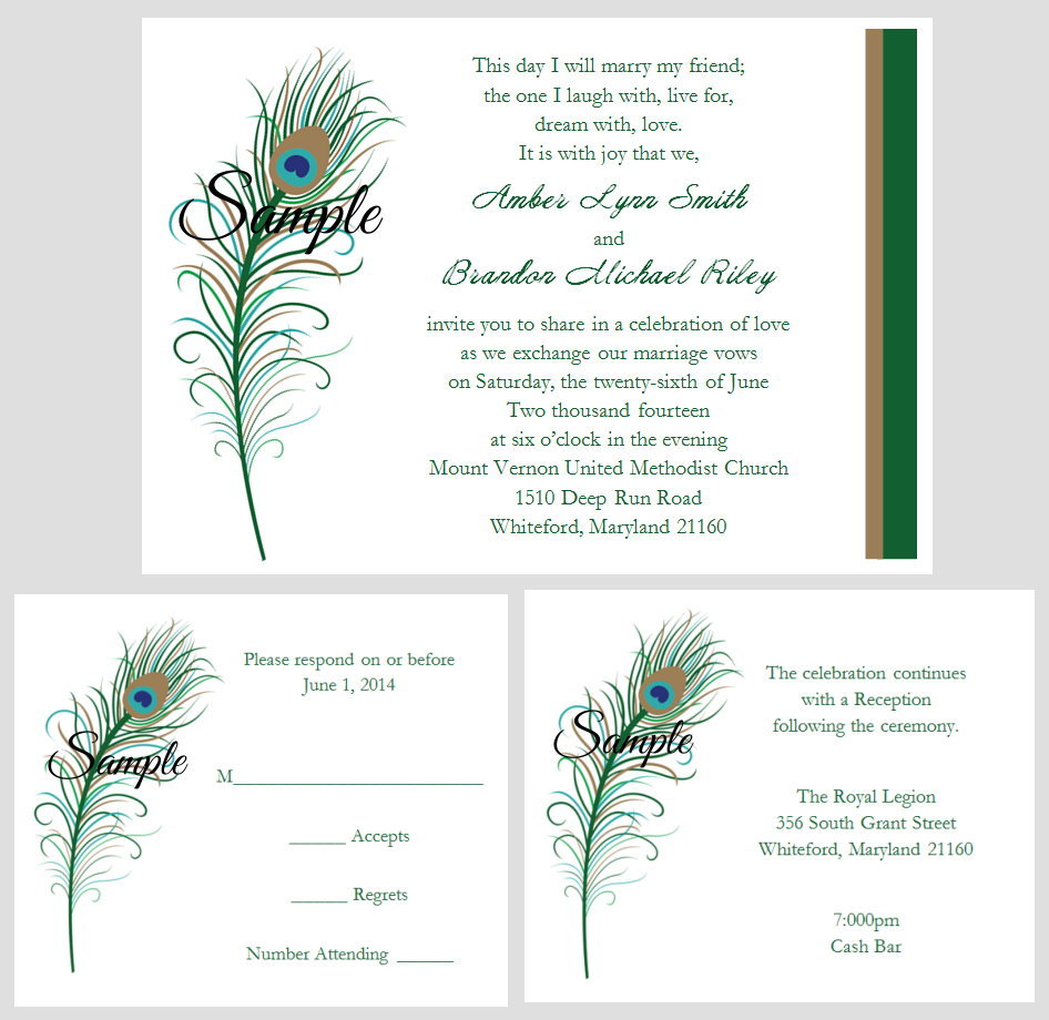 100 Personalized Custom Peacock Feathers Bridal Wedding Invitations Set