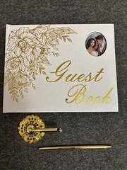 Event Guest Book – White w/Gold Trim Floral Theme. Gold Stand and Pen – New!