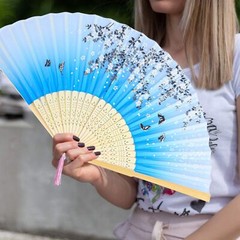 Aneco 4 Pieces Folding Fans Bamboo Handheld Silk Fabric Color A