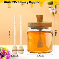 Honey Pot with Dipper and Lid – 18oz Glass Jar Wooden Transparent
